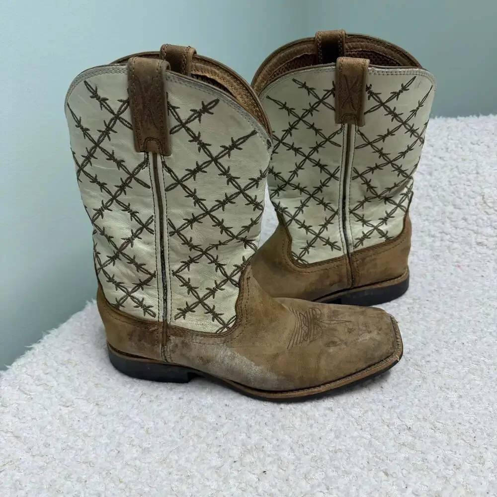Twisted X Youth Bomber & White Barbed Wire Square Toe Western Boots Sz YOUTH 4